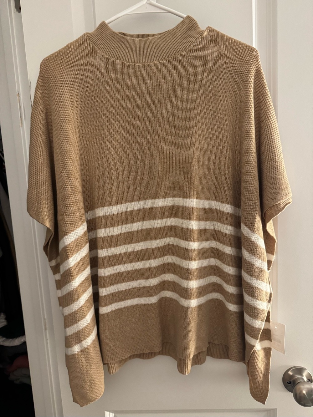 J. Crew Camel & White Striped Mock Neck Pullover Poncho